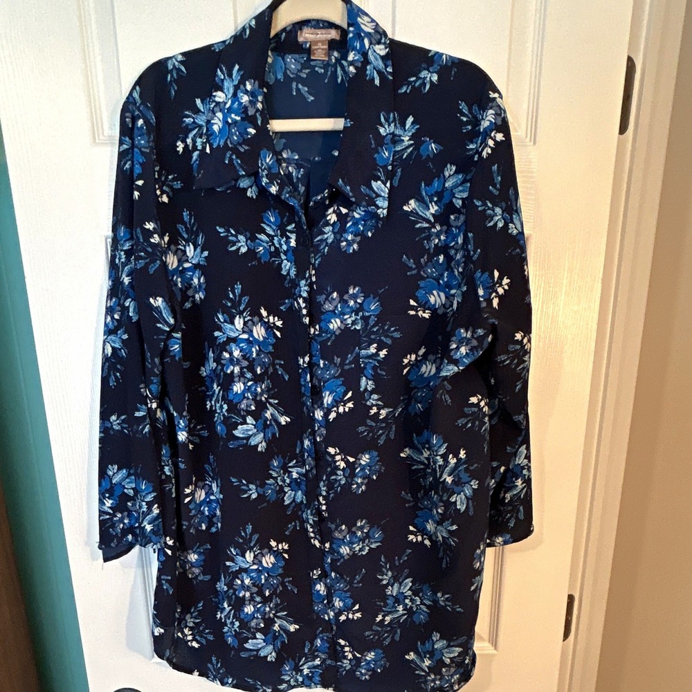 Vintage white stag Womens 3X Blue Floral Woven Button-Up Collared Blouse